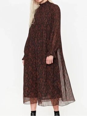 GANNI Women’s Brown Floral Long Sleeve Midi Dress